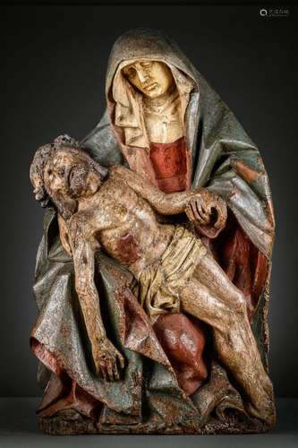 A large Pieta in polychrome wood, 15th - 16th century (90x55...