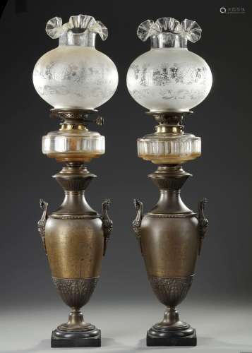 A PAIR OF FRENCH 'ZAMAK' CRYSTAL OILLAMPS, CIRCA 1840
