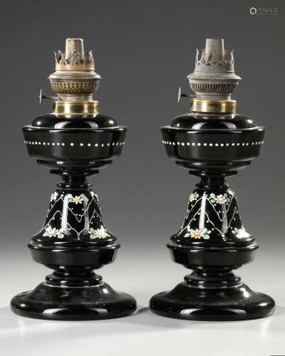 A PAIR OF FRENCH ENAMELLED OPALINE OILLAMPS, CIRCA 1860
