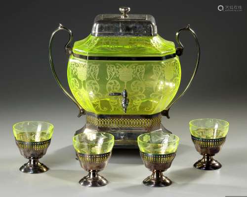 A FRENCH SET OF 4 WINE GLASSES AND A BOWL, URANIUM GLASS, AT...