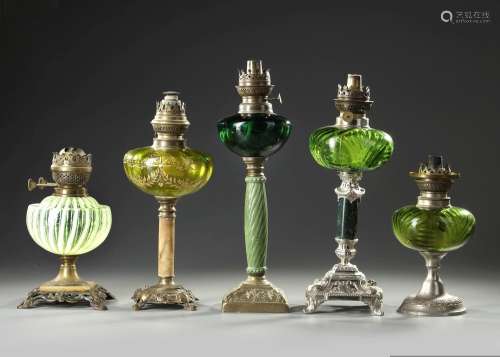 A GROUP OF FIVE FRENCH OIL LAMPS, CIRCA 1880