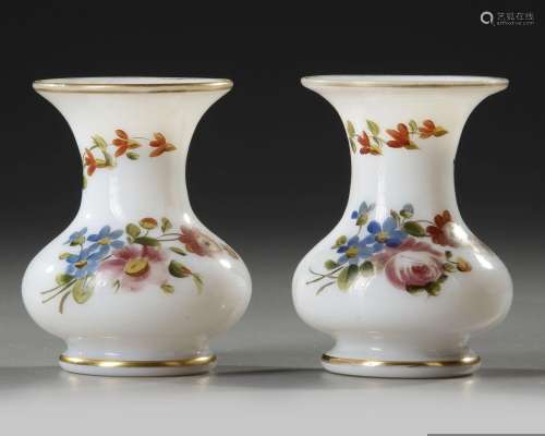 TWO IMPORTANT TINY HAND PAINTED OPALINE BACCARAT VASES, MID ...