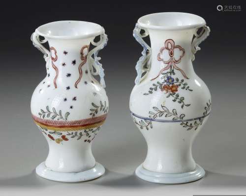 TWO FRENCH HAND PAINTED OPALINE VASES,  CIRCA 1750-1780