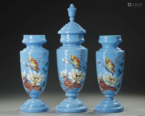 A LARGE SET OF HAND PAINTED AND ENAMELLED  OPALINE VASES, LA...