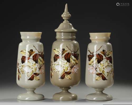 A SET OF HAND PAINTED, ENAMELLED  OPALINE VASES, 19TH CENTUR...