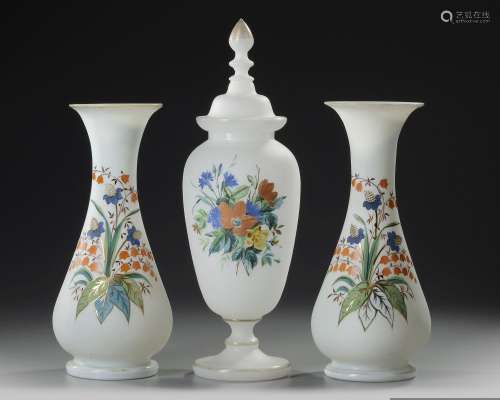 A SET OF OPALINE, HAND PAINTED VASES, FRANCE,  19TH CENTURY