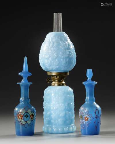 A GROUP OF TWO OPALINE BOTTLES AND AN OIL LAMP MADE FOR THE ...