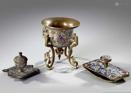 A FRENCH SET OF CLOISONNE/BRONZE ENAMELLED OBJECTS, 19TH CEN...