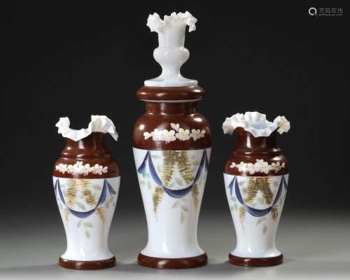 A SET OF THREE FRENCH OPALINE VASES, 19TH CENTURY