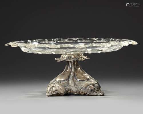 A LARGE FRENCH HAND CARVED CRYSTAL ON A SILVER FOOT, EARLY 1...