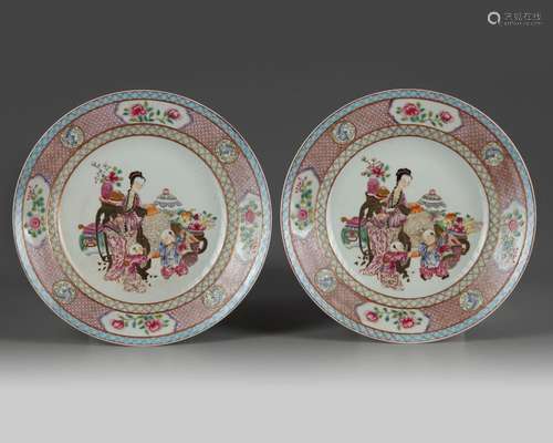 A PAIR OF CHINESE RUBY-BLACK 'LADY AND BOYS' DISHES, 20TH CE...