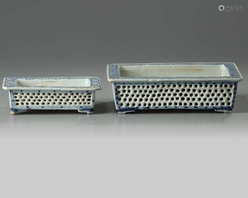 TWO CHINESE BLUE AND WHITE RECTANGULAR JARDINIERES, 19TH CEN...