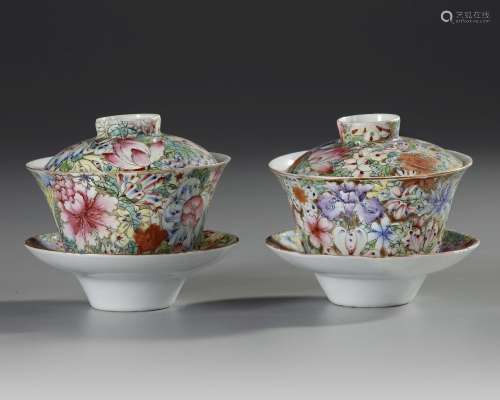 A PAIR OF CHINESE FAMILLE-ROSE 'MILLE-FLEURS' LIDDED BOWLS A...