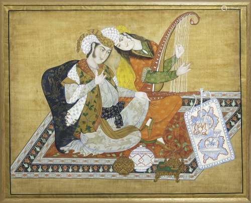 A SAFAVID STYLE PAINTING OF A COUPLE ON TEXTILE, PERSIA, QAJ...