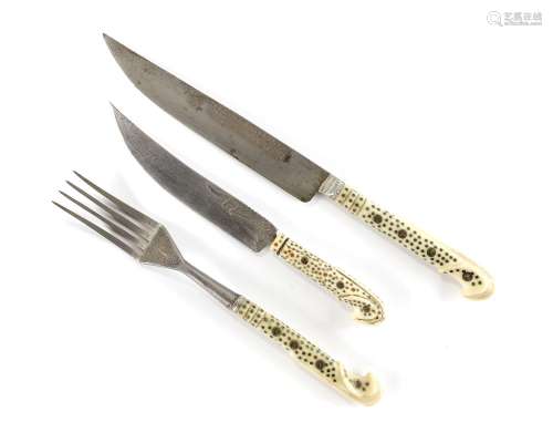 A SET OF TWO OTTOMAN BONE-HILTED KNIVES AND A FORK, SARAJEVO...