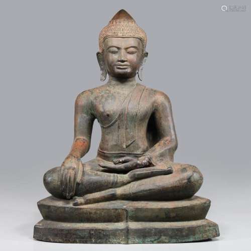 LARGE KHMER PERIOD BRONZE SEATED BUDDHA