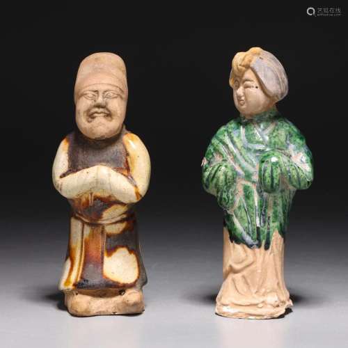 TWO CHINESE TANG DYNASTY GLAZED POTTERY FIGURES