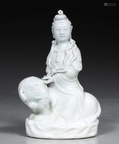 ANTIQUE CHINESE BLANC DE CHINE FIGURE OF GUANYIN ATOP ELEPHA...