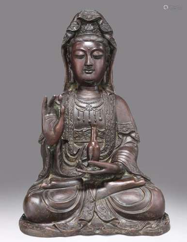 LARGE ANTIQUE CHINESE BRONZE FIGURE OF GUANYIN