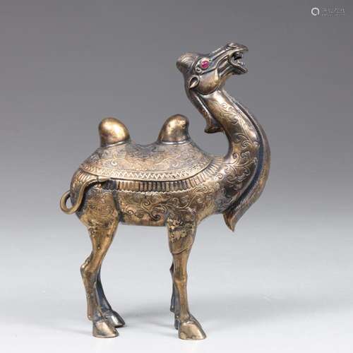 FINELY CAST ANTIQUE CHINESE GILT SILVER BACTRIAN CAMEL