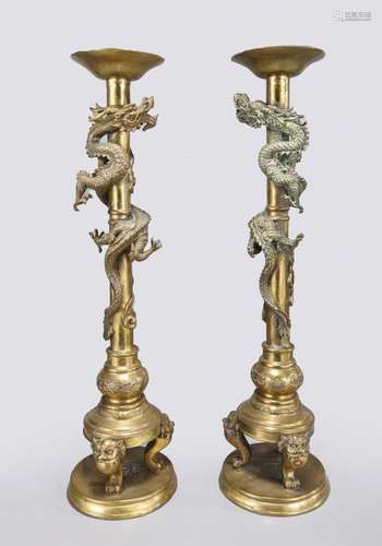 ELABORATE PAIR CHINESE QING DYNASTY BRASS CANDLESTICKS