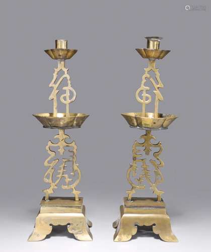 PAIR ANTIQUE CHINESE BRASS CANDLESTICKS