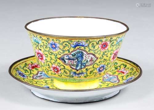 FINE ANTIQUE CHINESE CANTON ENAMEL CUP AND SAUCER