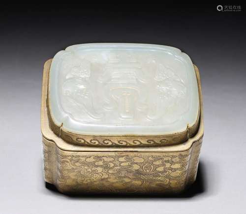 ANTIQUE CHINESE CARVED JADE PLAQUE ON BRASS BOX