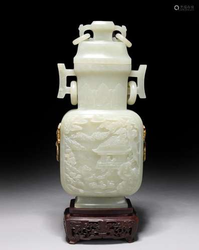 ANTIQUE CHINESE CARVED CELADON JADE COVERED VASE