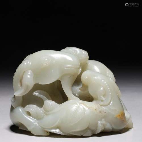 ANTIQUE CHINESE CARVED CELADON JADE GOAT GROUPING