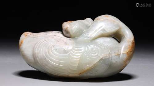 CHINESE QING DYNASTY CARVED CELADON JADE DUCK GROUP