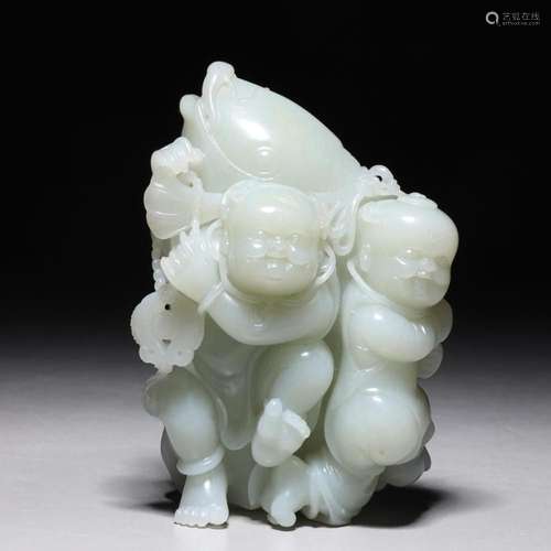 CHINESE CARVED JADE GROUPING OF HE-HE TWINS