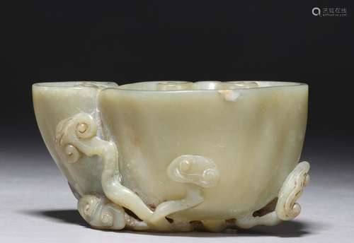 ANTIQUE QING DYNASTY CHINESE CARVED CELADON JADE WATER COUPE