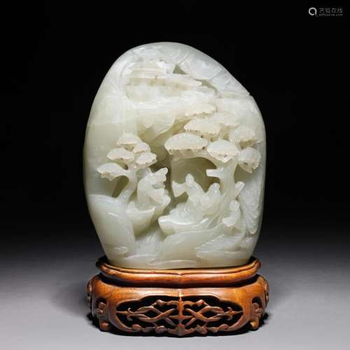 FINELY DETAILED CHINESE MUTTON FAT CARVED JADE MOUNTAIN