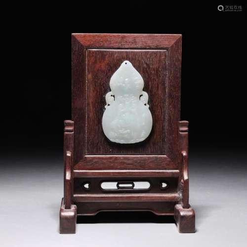 CHINESE CARVED JADE & HARDWOOD MINIATURE TABLE SCREEN