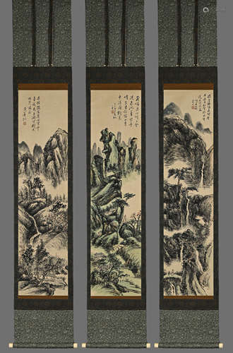 黃賓虹墨蹟（山水珍品圖）三條屏；老紙綾裱立軸；原盒原裱；任率英提拔...