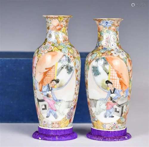 Pair of Famille Rose Figural Vases Hongxian Mk