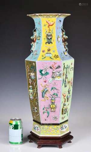 A Famille-Rose Hexagonal Vase, w/Stand 19thC