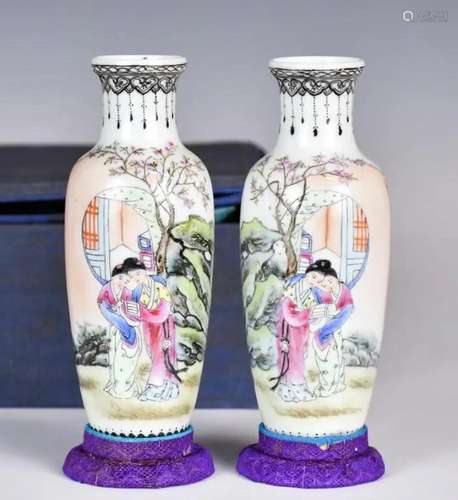 A Pair of Famille Rose Figural Vases Qianlong Mk