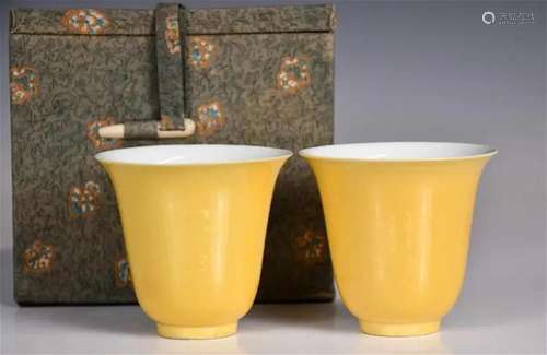 A Pair of Yellow Glaze Cups with Box 19thC