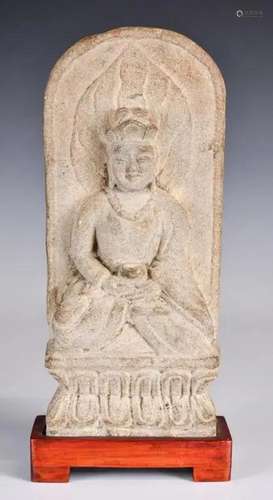 An Archaistic Stone Carved Buddha Statue w/Stand