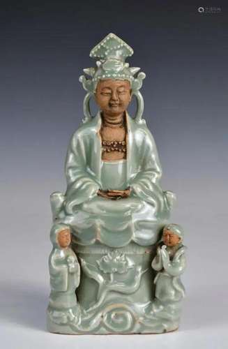 A Celadon-Glazed Guanyin Statue Qing