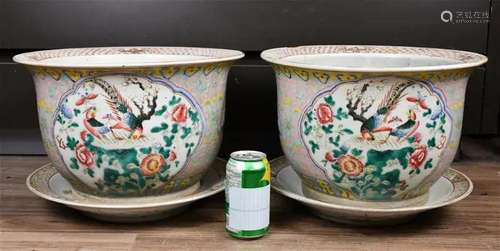 A Pair of Famille Rose Flower Pots w/Saucers 19thC