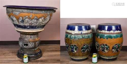 A Pair of Shiwan Flower Stands & A Flower Pot Qing