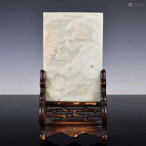 A White Jade Crane Pine & Linzhi Table Screen Qing