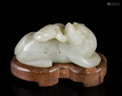 A Celadon Jade Carved Mythical Beast w/Std Qing