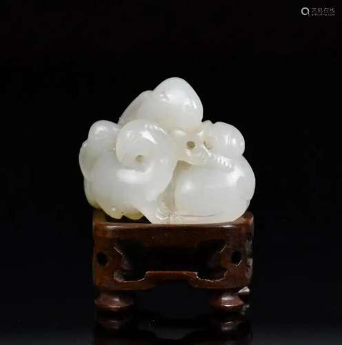 A Small Jade Carved Three Rams with Stand 18thC