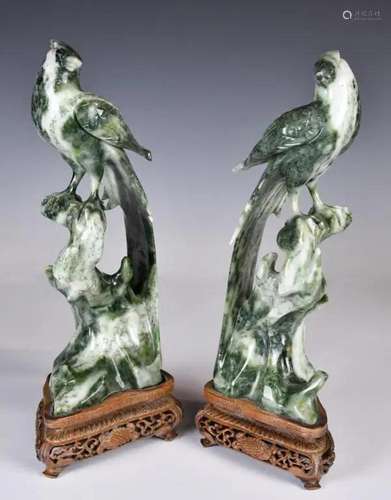 A Pair of Jade Carved Pheasants w/Stand 1950-70s