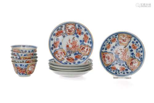 A set of five Imari porcelain cups with six saucers