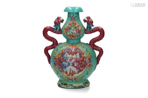 A polychrome porcelain vase with two handles in the